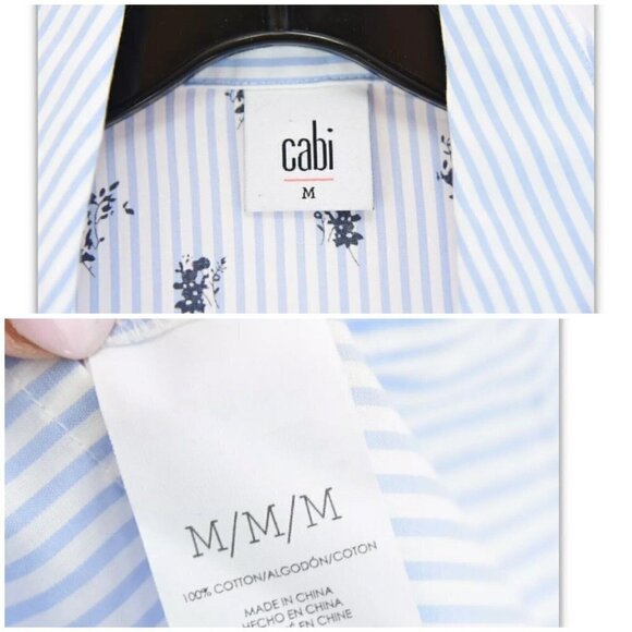 Cabi Blue Floral Pinstripe Button Up Shirt Smocked Ruffled Sleeve Women Sz M - Picture 12 of 12